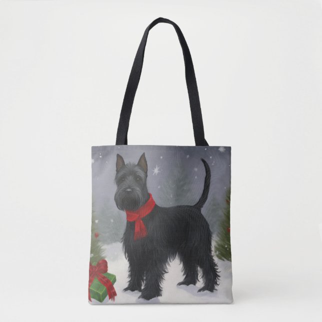 Tote Bag Chien de Terrier écossais en Noël de neige (Devant)