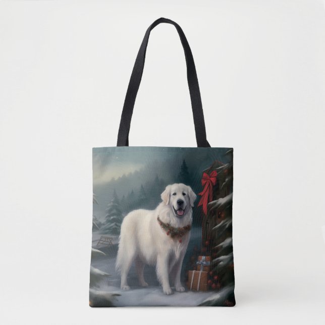 Tote Bag Chien des grandes Pyrénées à Noël de neige (Devant)
