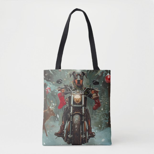 Tote Bag Chien Doberman à moto Noël (Devant)