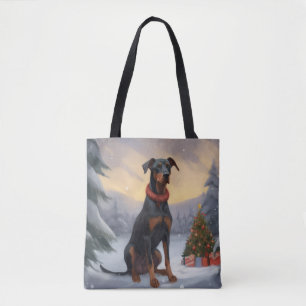 Tote Bag Chien Doberman pendant Noël de neige