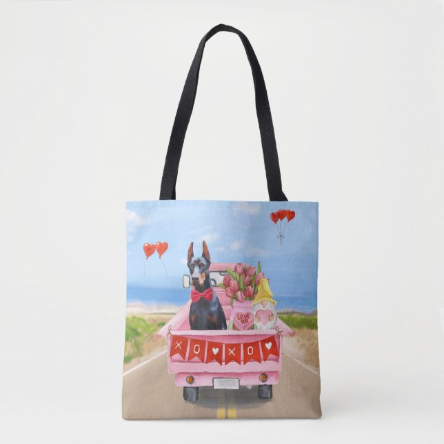 Tote Bag Chien Doberman Saint-Valentin Camion Cœurs (Devant)