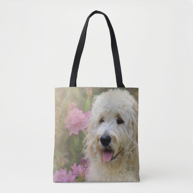 Tote Bag chien doré dans le jardin d'hydrangée (Devant)