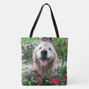 Tote Bag Chien doré souriant parmi les fleurs