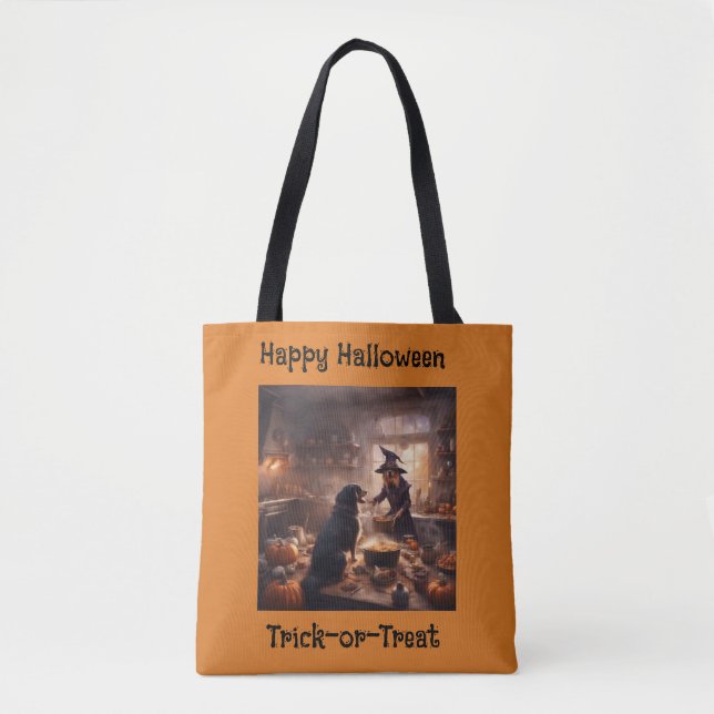 Tote Bag Chien drôle de sorcière et ami font une descente d (Devant)