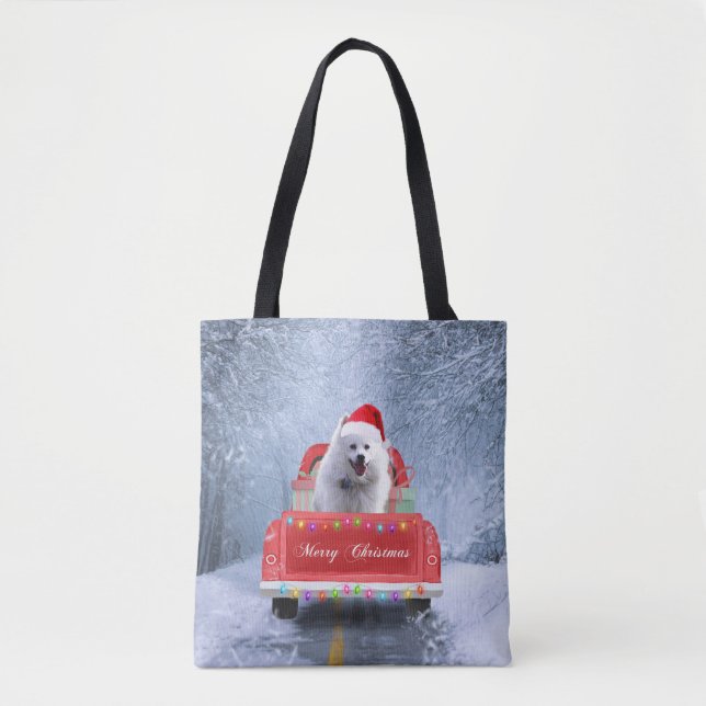 Tote Bag Chien Eskimo américain en neige assis à Noël (Devant)