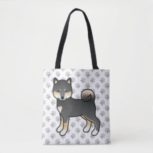 Tote Bag Chien et pattes de dessin Shiba Inu noir et tan