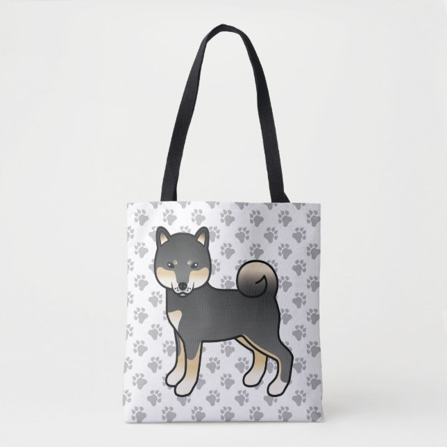 Tote Bag Chien et pattes de dessin Shiba Inu noir et tan (Devant)