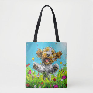 Tote Bag Chien Havanais Heureux Prairie Colorée de Fleurs S