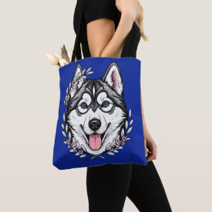 Tote Bag Chien Husky Sibérien Et Fleur De Laurier Des Monta