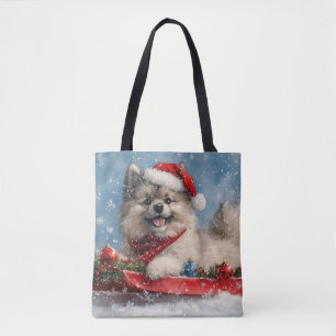 Tote Bag Chien Keeshond en Traîneau Qu'il neige Noël