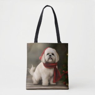 Tote Bag Chien Lhasa Apso dans la neige de Noël