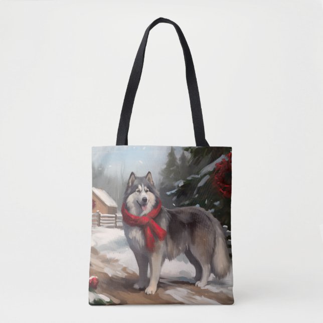 Tote Bag Chien malamué de l'Alaska en Noël de neige (Devant)