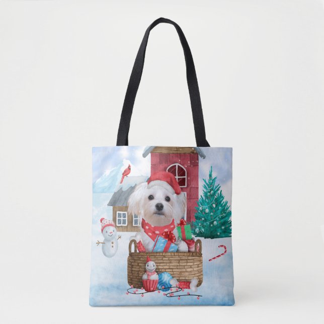 Tote Bag Chien maltais dans la neige Maison de Chien de Noë (Devant)