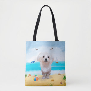 Tote Bag Chien maltais sur la plage