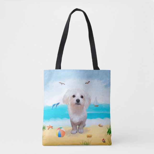 Tote Bag Chien maltais sur la plage (Devant)