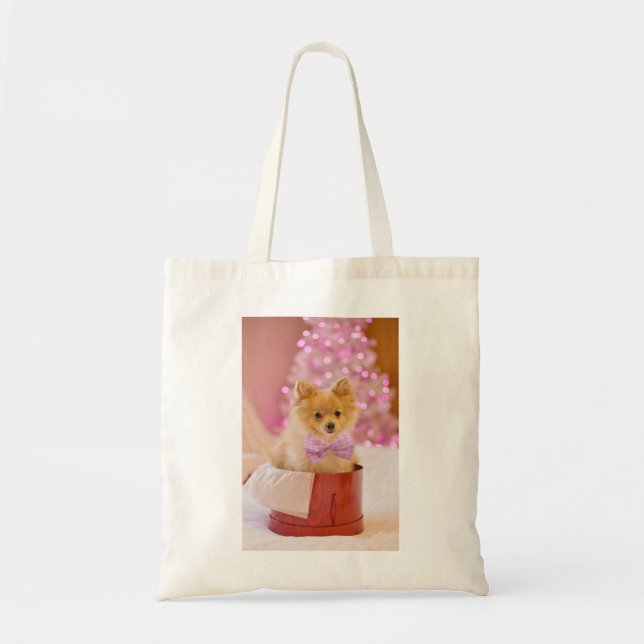 Tote Bag Chien mignon avec cabot rose Photo de Noël (Devant)