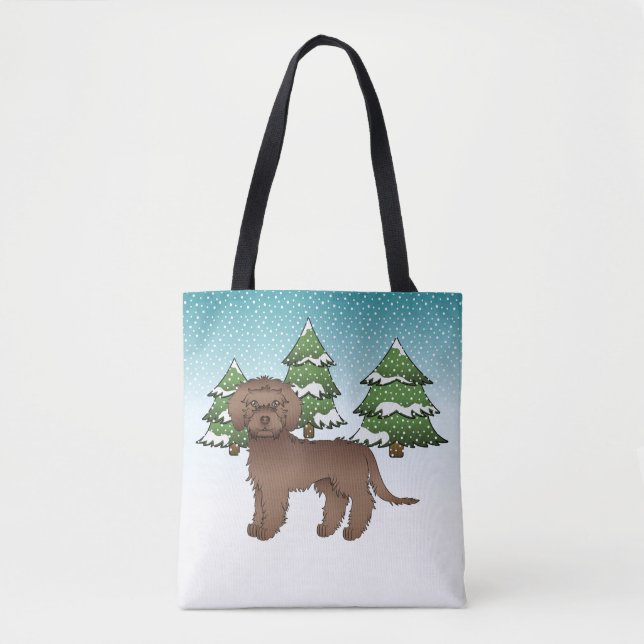 Tote Bag Chien Mini Goldendoodle Brun Dans Une Forêt D'Hive (Devant)
