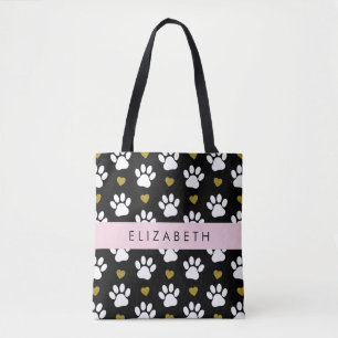 Tote Bag Chien Paws, White Paws, Gold Hearts, Votre Nom