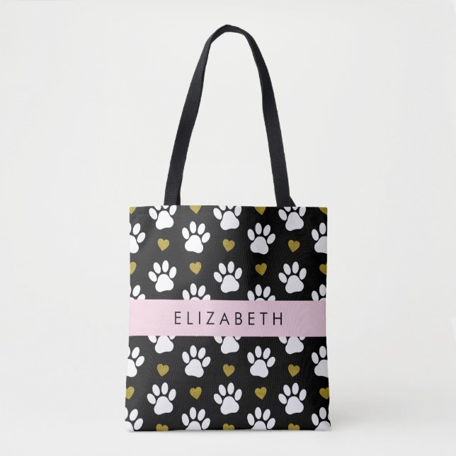 Tote Bag Chien Paws, White Paws, Gold Hearts, Votre Nom (Devant)