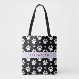 Tote Bag Chien Paws, White Paws, Lilac Hearts, Votre Nom