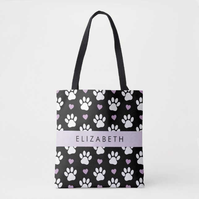 Tote Bag Chien Paws, White Paws, Lilac Hearts, Votre Nom (Devant)
