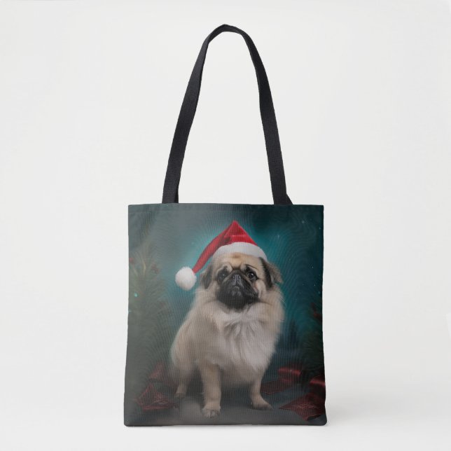 Tote Bag Chien pekingese pendant Noël de neige (Devant)