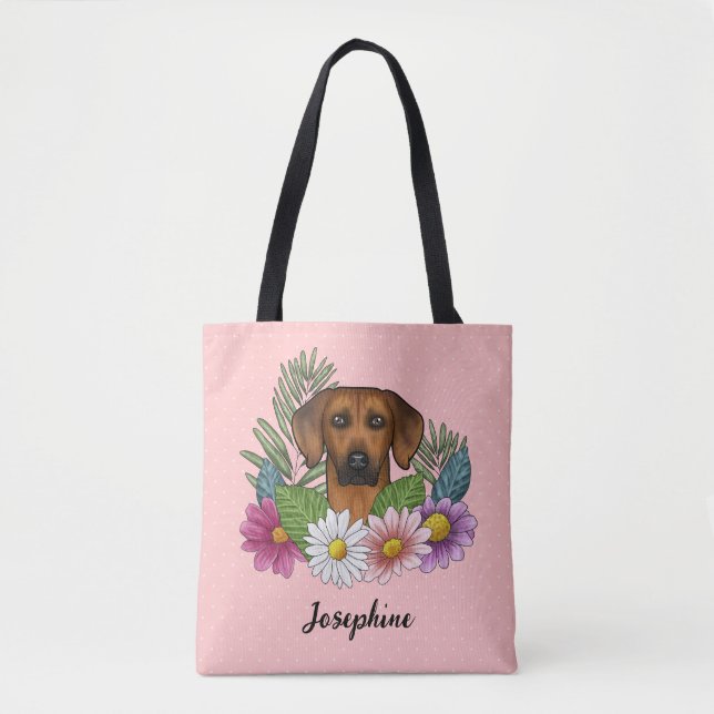 Tote Bag Chien Rhodesian Ridgeback avec fleurs et nom rose (Devant)