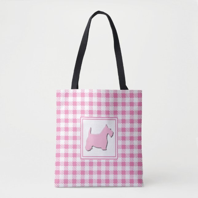 Tote Bag Chien rose de Scottie de plaid de Buffalo (Devant)