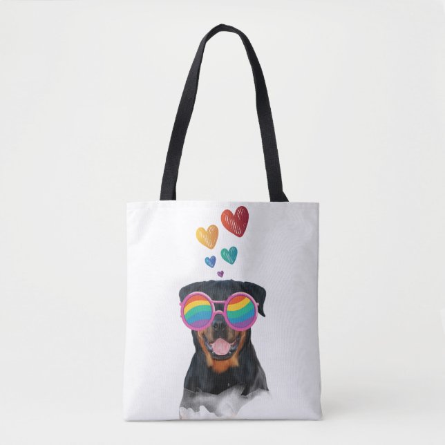 Tote Bag Chien Rottweiler avec coeurs Saint-Valentin (Devant)