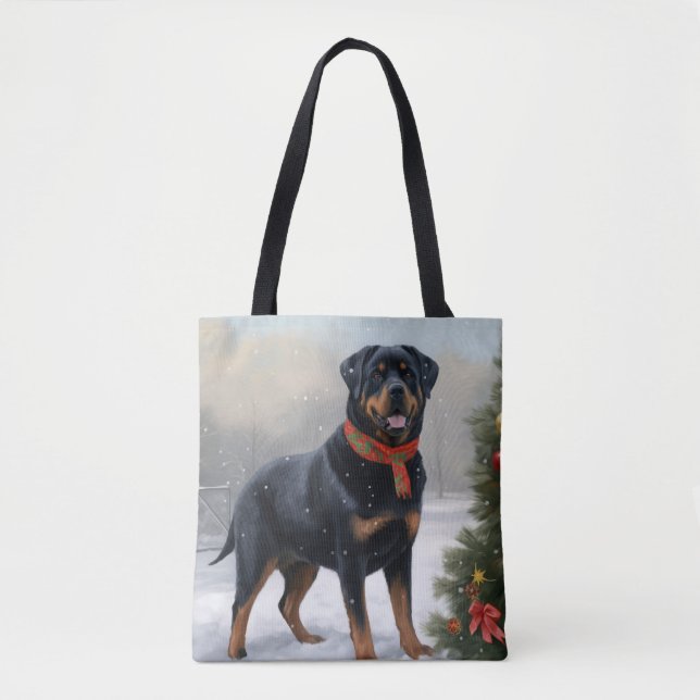 Tote Bag Chien Rottweiler dans la neige de Noël (Devant)