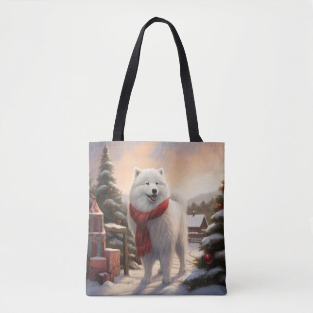 Tote Bag Chien Samoyé à Noël de neige (Devant)