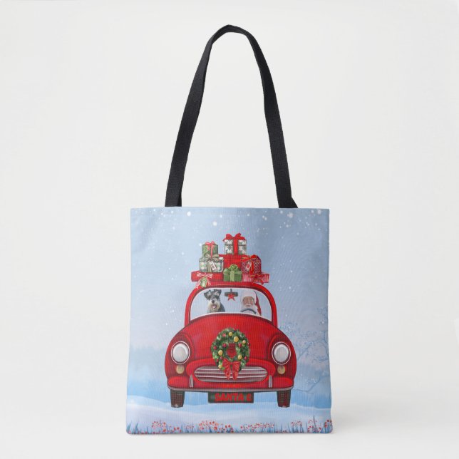 Tote Bag Chien schnauzer en voiture avec le Père Noël (Devant)