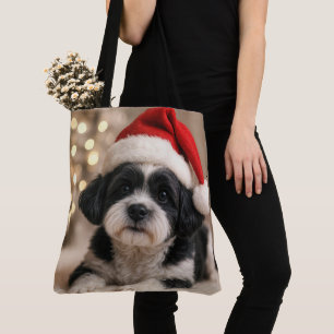 Tote Bag Chien Shih Tzu de Noël avec chapeau de Père Noël