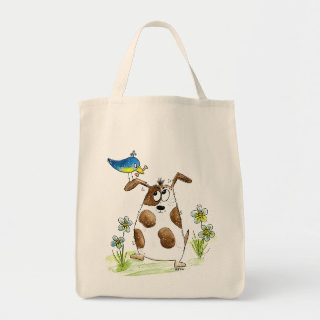 Tote Bag Chien tacheté avec un oiseau (Devant)