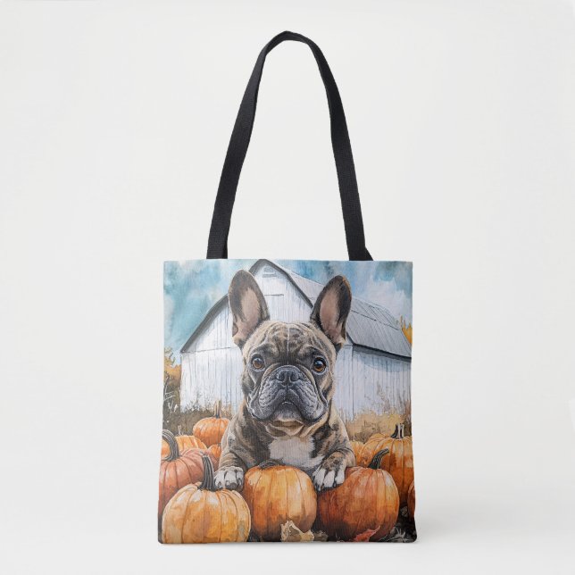 Tote Bag Chien-taureau français dans le Patch Citrouille (Devant)