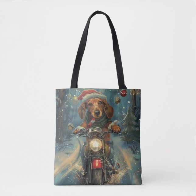 Tote Bag Chien teckel à moto Noël (Devant)