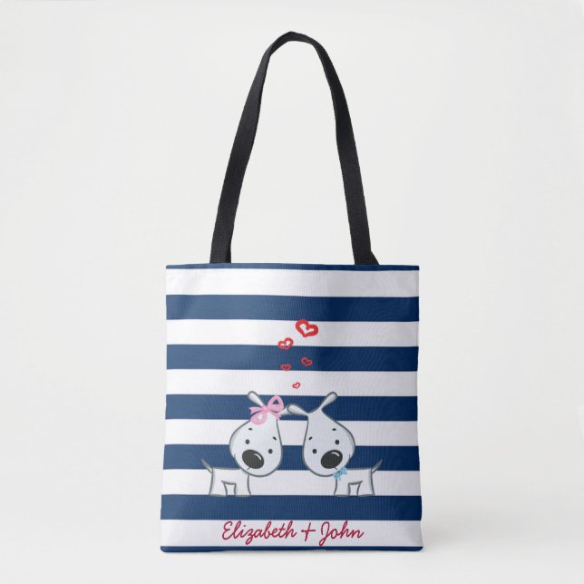 Tote Bag Chiens adorables en amour sur Striped-Personnalisé (Devant)