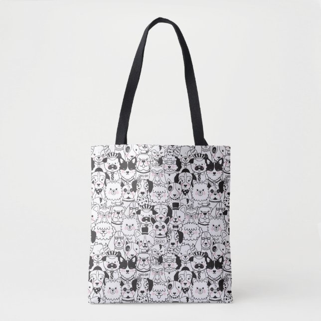 Tote Bag Chiens amusants mignons Motif animal noir et blanc (Devant)