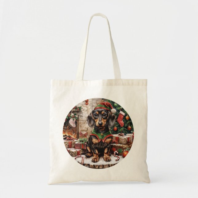 Tote Bag Chiens de Noël Elf Dachshund (Devant)