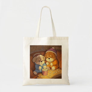 Tote Bag Chiens en caricature chiots avec popcorn
