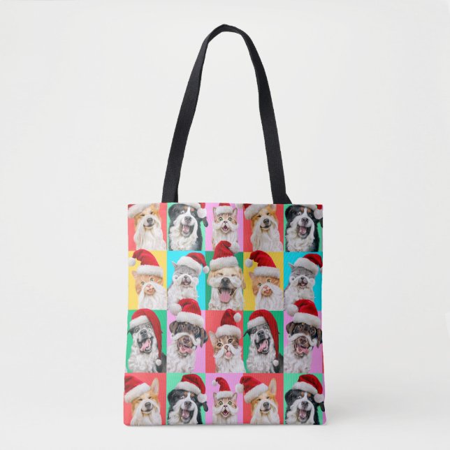 Tote Bag Chiens et chats avec la barbe du Père Noël (Devant)