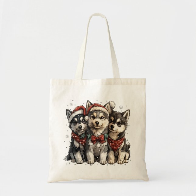 Tote Bag Chiens Husky de Noël (Devant)