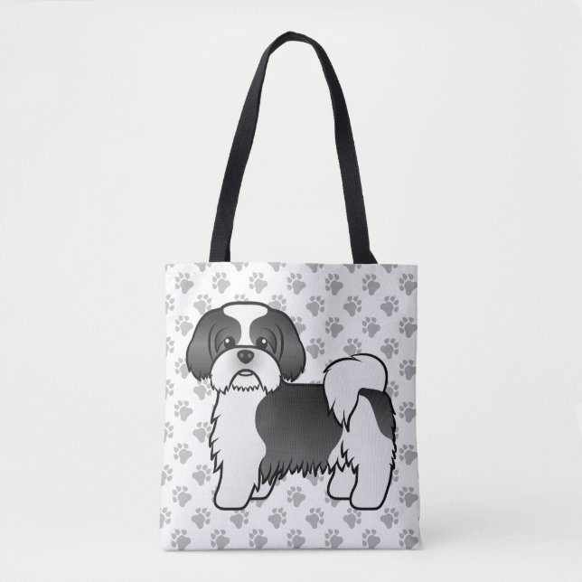 Tote Bag Chih Tzu Cute Cartoon Chien & Paps Noir Et Blanc (Devant)