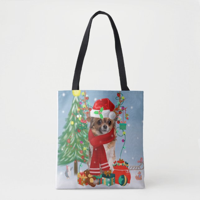 Tote Bag Chihuahua Chien en neige avec cadeaux de Noël (Devant)