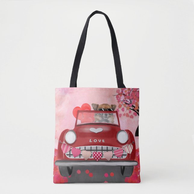 Tote Bag Chihuahua Chien voiture avec les coeurs Valentine' (Devant)