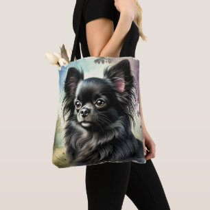 Tote Bag Chihuahua noir à long haïre en aquarelle