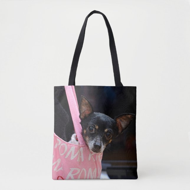 Tote Bag Chihuahua Noir en train de faire ses courses (Devant)