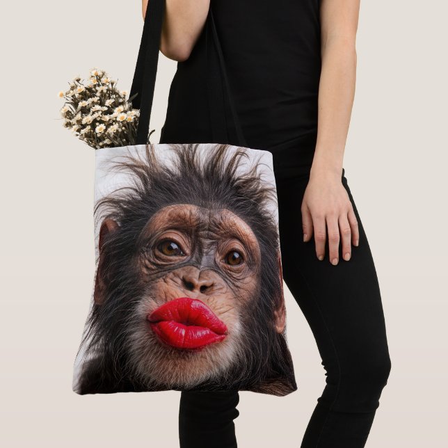 Tote Bag Chimpanzé portant du rouge à lèvres (De près)