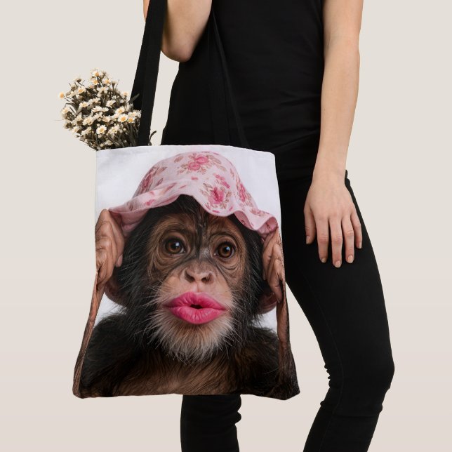 Tote Bag Chimpanzé portant du rouge à lèvres rose (De près)