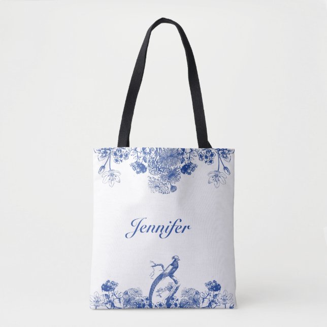Tote Bag Chine florale bleue et blanche Motif avec oiseaux (Devant)